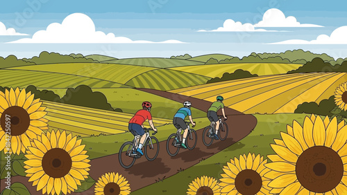 Three cyclists riding bikes on countryside road with sunflower field landscape vector illustration