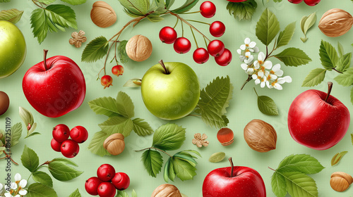Seamless pattern of red apple, green apple, walnut, berry, and green leaf with white flower on light green background, creating fresh and healthy food design