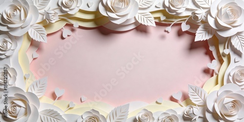 Elegant Paper Cut Design Featuring White Roses, Leaves, and Small Hearts Framing a Soft Empty Space for Customization