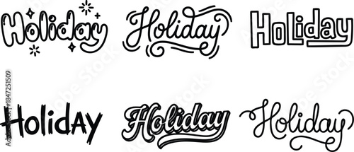 Set of six different stylized holiday text designs for celebration motifs