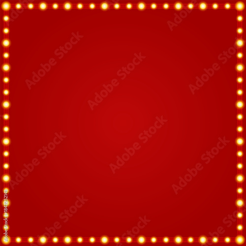 Red background with glowing light bulb border frame. Retro theater marquee design for cinema poster, show announcement, entertainment banner, Broadway sign, event promotion, and vintage template. EPS