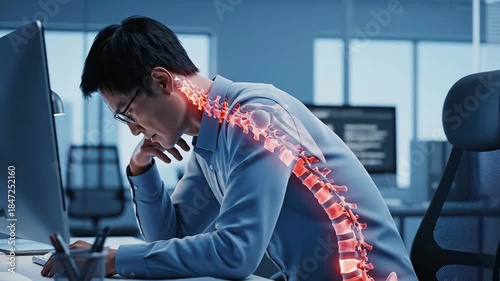 Stressed office worker slouching at desk with glowing highlighted spine