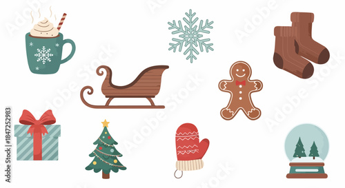 Festive Christmas elements including sleigh, gingerbread, and snowflake  