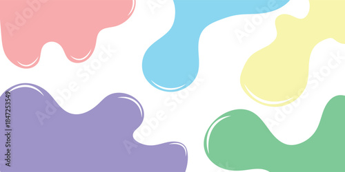 Abstract background with colorful pastel liquid blobs and paint splatters on a clean white surface, featuring soft organic shapes.