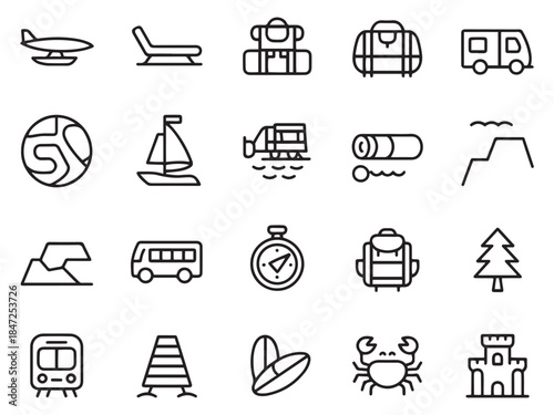 A collection of travel and adventure icons including vehicles, nature, and outdoor activities.