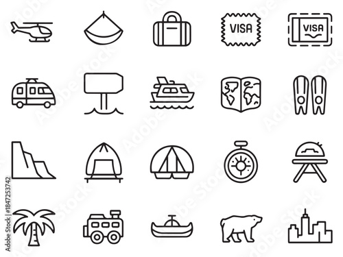 Travel-themed icons including a helicopter, hammock, and suitcase, ideal for adventure lovers.