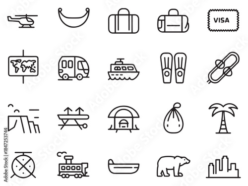 Travel-themed icons featuring various modes of transport and essentials for adventurous journeys.