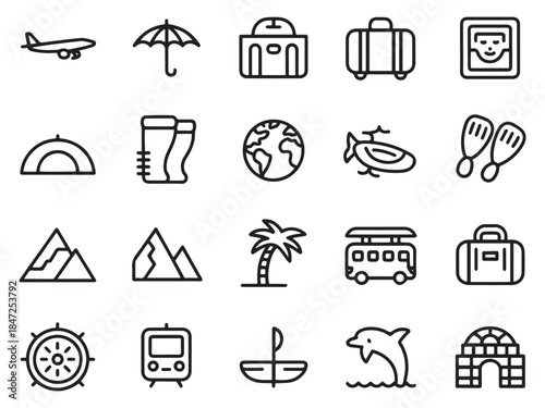 A collection of travel-themed icons, including an airplane, suitcase, and palm trees, in a minimalist style.