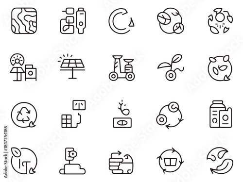 Collection of eco-friendly and sustainability icons in a minimalistic line art style.