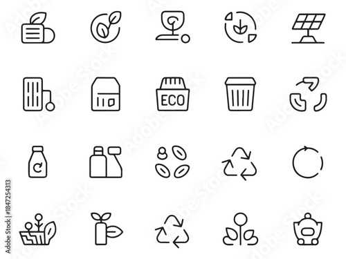 A collection of eco-friendly icons representing sustainability and environmental care.