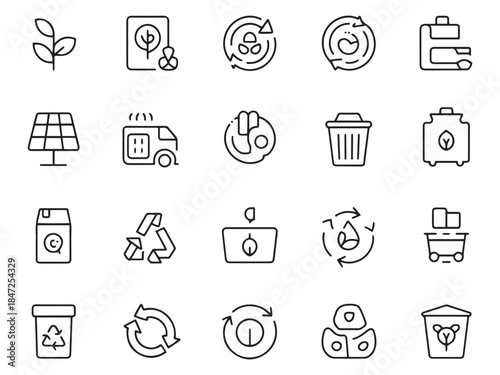 Collection of eco-friendly icons representing recycling and sustainability concepts.