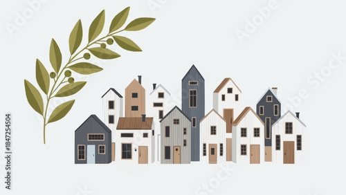 Charming collection of diverse small houses with a leafy branch overhead.