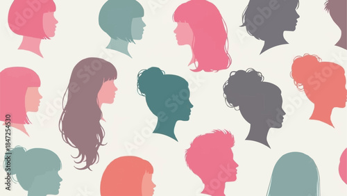 Diverse Silhouettes of Women Heads in Various Hairstyles and Colors.
