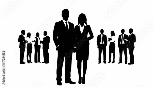 Silhouette of a business couple standing in front of a group of colleagues.