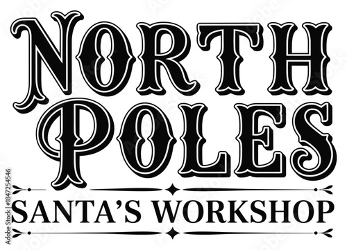 North Pole Santa's Workshop, a detailed vintage-style Christmas illustration featuring Santa, elves, and snowy North Pole scenery for holiday cards, decorations