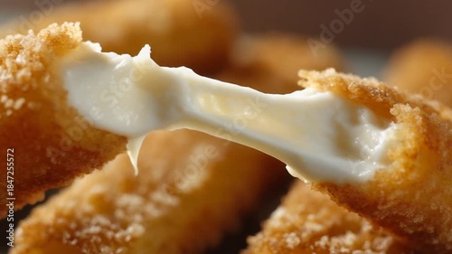 Close-up of a crispy, golden-brown mozzarella stick being pulled apart to reveal melted cheese filling against a blurred background of more sticks, conveying a savory and appetizing mood.