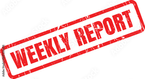 Distressed red rubber stamp mark showing the words weekly report on a simple white background