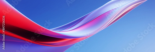 Abstract ribbon flow in red, purple, and blue on a gradient background. Glossy curves and light interplay create a futuristic, fluid aesthetic ideal for digital design and commercial use.