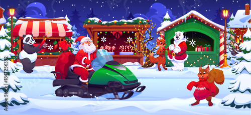 Christmas winter festival market with shops and stalls, Xmas bazaar vector background. Cartoon funny Santa Claus character riding snowmobile at Christmas town fair or market with Xmas gift shops