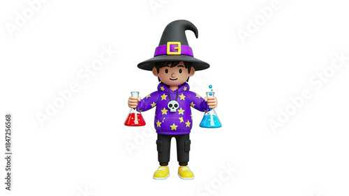 3D Wizard Boy Holding Flasks on White Background