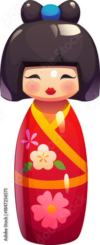 Japanese kokeshi doll or toy girl in kimono dress and geisha hairstyle, cartoon vector. Japan culture and handicraft art toy of wooden doll kokeshi with kawaii face and floral pattern on kimono