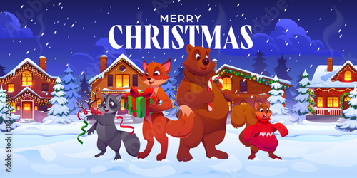Merry Christmas greeting card with cheerful animal characters, cartoon vector. Winter holiday and Christmas greetings, village town decorated with Xmas lights and funny animals with Santa gifts