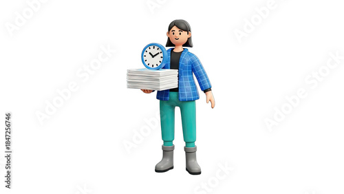 3D Woman Holding Clock and Papers: Time Management Concept