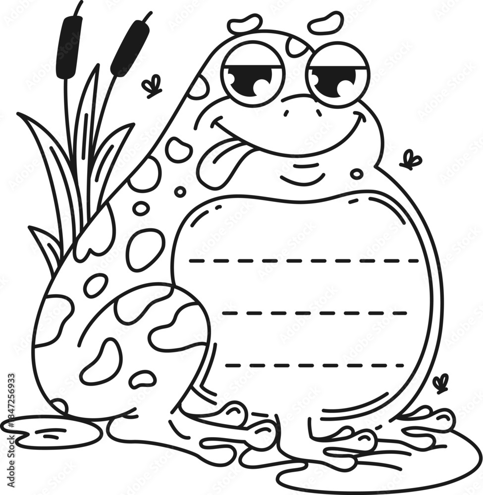 Obraz premium Kids memo note frame with funny cartoon frog with flies for message note sticker, vector label. Cute frog or toad in reeds for adhesive sticker post or notebook label and kids memo note frame
