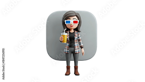 3D Woman with 3D Glasses Holding Drink