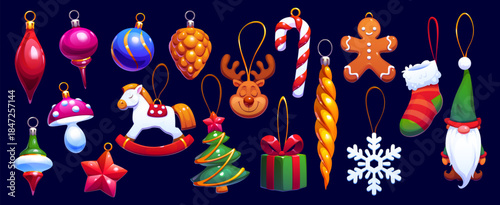 Cartoon Christmas tree decorations and balls. Vector cute Xmas ornaments, baubles, toys and glass globes decorations set. Christmas tree, gift box, reindeer, elf and gingerbread man ornaments