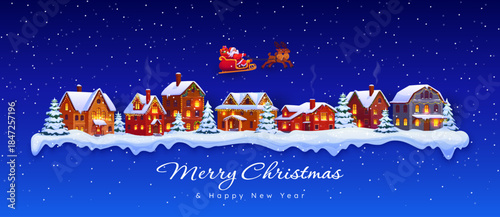 Christmas winter snowbound town or village landscape with flying Santa on sleigh. Vector Merry Christmas greeting card with Noel flying in sled over cityscape with houses or pines at holiday eve night