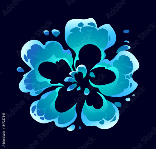Cartoon water wave splash of liquid splatters explosion, vector flow swirl. Cartoon pure water or drink pour swirl with flow wave explode with drops and fizzy water droplets in water splash