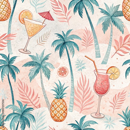 Watercolor tropical pattern featuring palm trees pineapples and vibrant summer cocktails