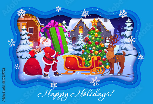 Happy holidays paper cut banner, Christmas Santa with big gift and sleigh near Xmas pine tree. Vector greeting card includes waving Santa, gifts in the snow and full moon for holiday wishes