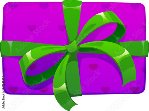 Christmas celebration cartoon purple gift box decoration or object. Happy New Year festive isolated surprise, Xmas holiday colorful vector gift box. Merry Christmas party present giftbox decoration