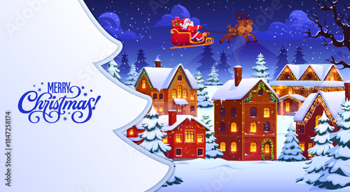 Merry Christmas paper cut banner with pine tree shape and flying Santa on sleigh above winter snowy town. Vector 3d paper cut Christmas tree banner border of cartoon Xmas town with Santa deer sleigh