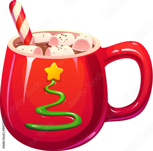 Christmas celebration cartoon hot cocoa drink decoration or item. Winter party isolated beverage, merry Christmas celebration vector decoration. New Year holiday cocoa drink red mug with marshmallows