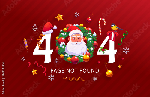 Christmas 404 page screen with Xmas tree wreath and Santa character. Not found web page 404 error vector background with cartoon Santa, snowflakes and ribbons, Christmas tree balls and candy cane