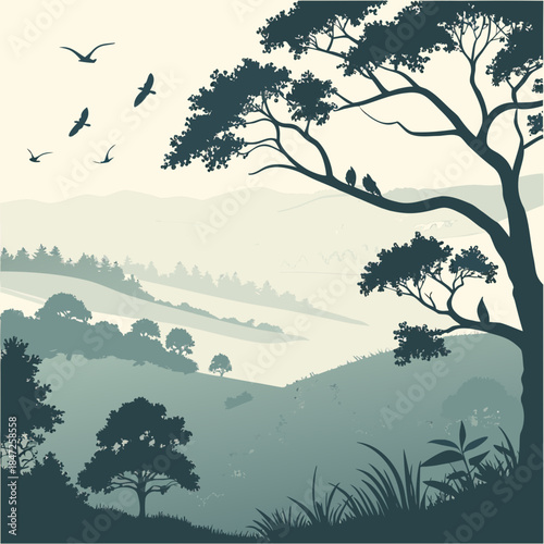 Silhouette of birds flying over misty rolling hills and trees at sunrise or sunset, serene landscape illustration