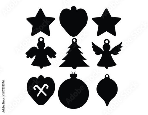 A set of monochrome holiday decoration graphics featuring various festive shapes: angels with wings, stars, a pine tree, a plain round bauble, a teardrop ornament, and a heart shape with crossed candy