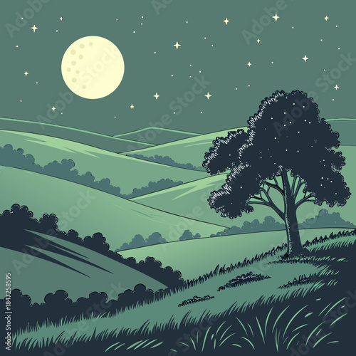 Serene night landscape with rolling green hills, a solitary tree, and a bright full moon illuminating the starry sky