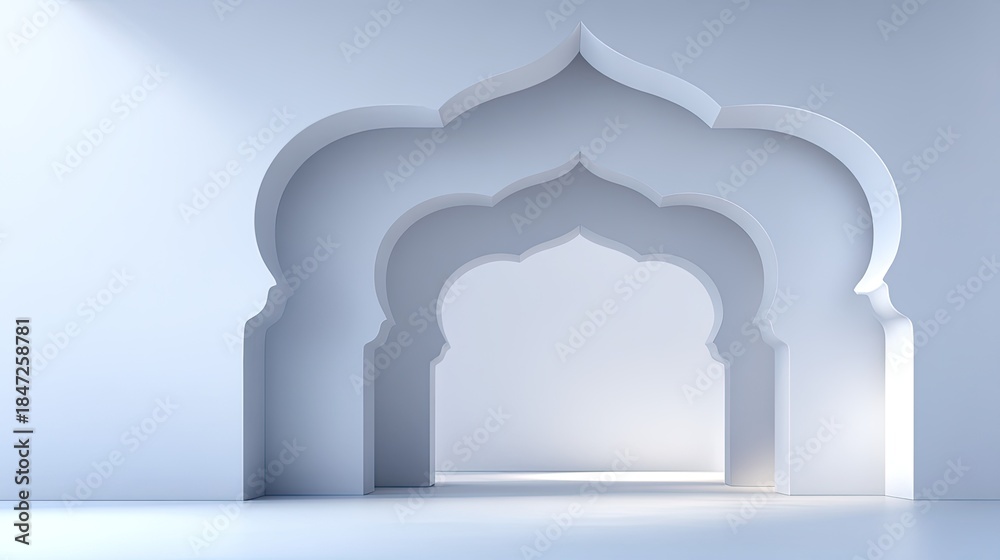 Fototapeta premium Elegant architectural design of a blank wall featuring a beautiful arched doorway with intricate patterns and soft lighting in a minimalist setting