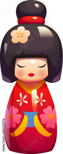 Traditional Japanese kokeshi doll wearing red kimono decorated with flowers and blue obi. Vector toy figure has a bob hairstyle with a top bun, a flower accessory and a calm, closed eye expression