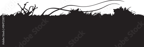 Silhouette ground with grass and abstract plants against transparent background