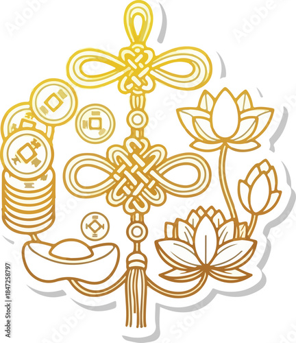 Symbolic Asian Good Luck Charms with Golden Accents and Elegant Lotus Flowers