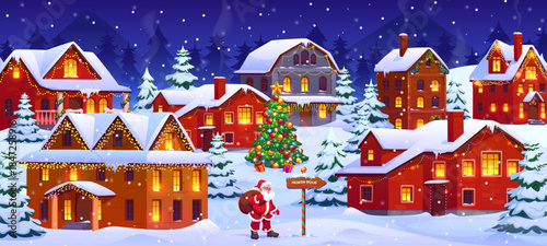 Winter Christmas town or village landscape with Santa claus and snowy cozy houses. Vector cityscape showcases Santa carrying presents through charming holiday village with frosty roofs