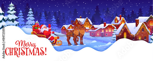 Paper cut Christmas holiday banner with Santa on sleigh and winter town landscape, cartoon vector. Merry Christmas greeting card, Santa on reindeer sleigh in town decorated for Xmas in snowy forest