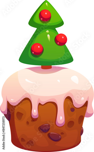 Merry Christmas cupcake cartoon decoration or item. Winter holiday pastry, New Year celebration vector dessert. Xmas festive sweet confectionery with dripping icing and Christmas tree decoration