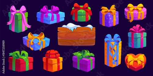 Cartoon Christmas holiday gift boxes and birthday presents. Vector packages of Christmas and New Year gifts wrapped in color paper with ribbon bows on the tops. Xmas presents set with wood sign board
