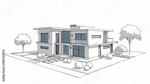 Modern Architectural House Design Sketch with Landscaping Elements.